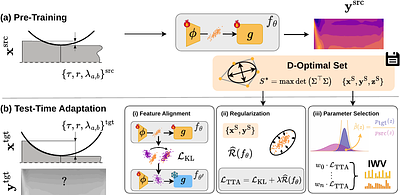 Stabilizing Test-Time Adaptation of High-Dimensional Simulation Surrogates via D-Optimal Statistics