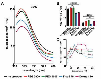 Crowder-specific modulation of hepatitis C virus NS3/4A protease activity and local structural dynamics