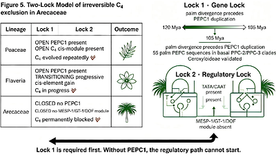 PEPC Gene Family Evolution Across Arecaceae: Complete Five-Subfamily Evidence for a Two-Lock Model of Irreversible C4 Exclusion