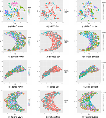 Topological data analysis of human vowels: Persistent homologies across
  representation spaces